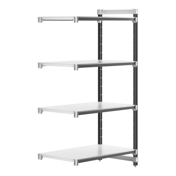 A white Cambro Camshelving® Elements XTRA add-on unit with black metal legs.