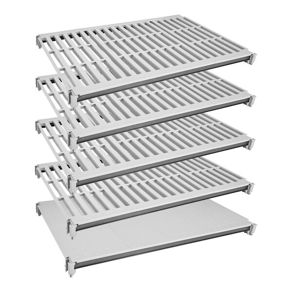 A white row of Cambro Camshelving® Elements shelves with 5 shelves on it.