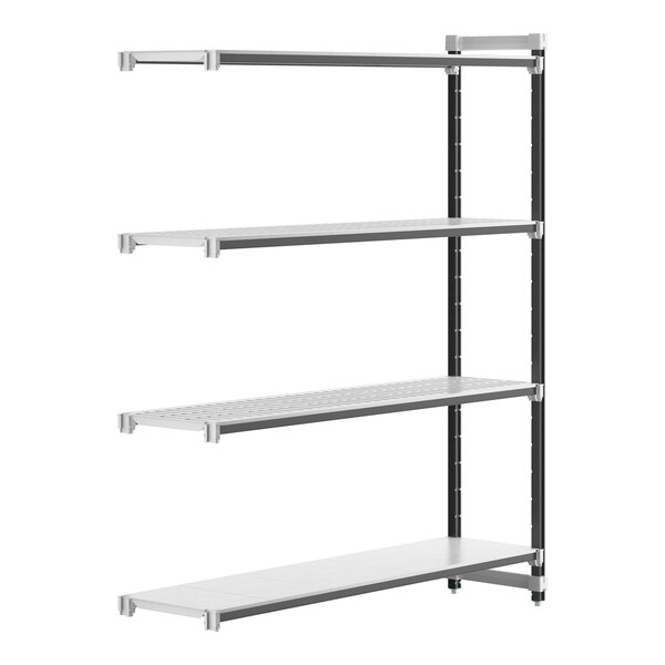A white rectangular Cambro Camshelving Elements XTRA add-on shelf with black metal rods.