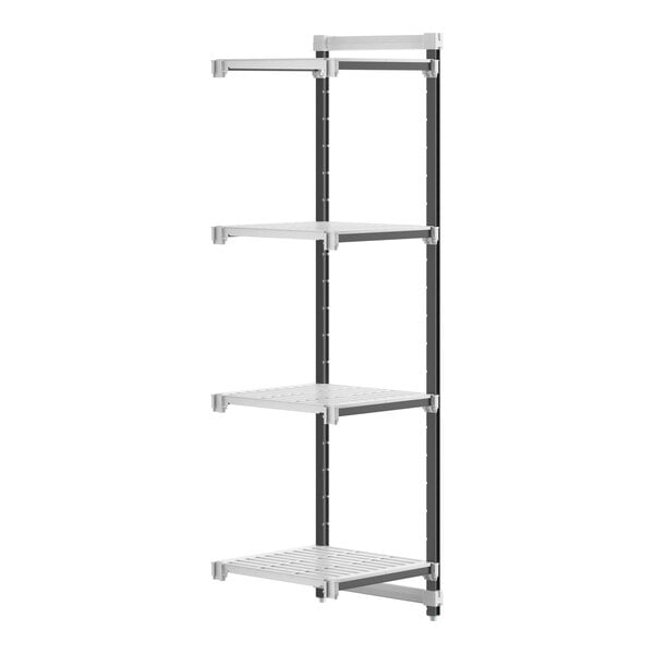 A white and black Cambro Camshelving Elements XTRA add-on unit with four vented shelves.