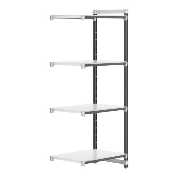 A white shelf with gray metal shelves.