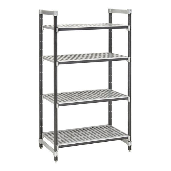 A grey Cambro Camshelving Elements XTRA starter unit with four vented shelves.