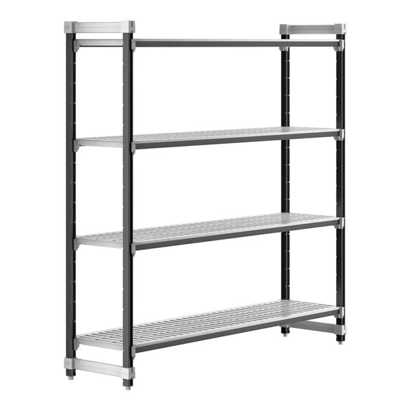 A Cambro metal shelving unit with four shelves.