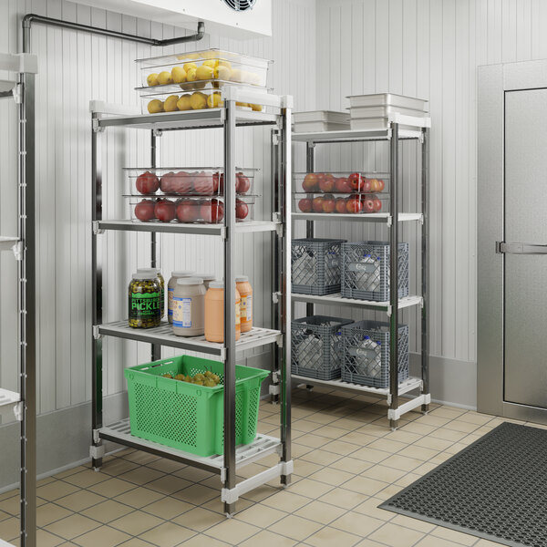 A four-shelf vented starter shelving unit used for organized storage in a commercial kitchen or walk-in cooler.