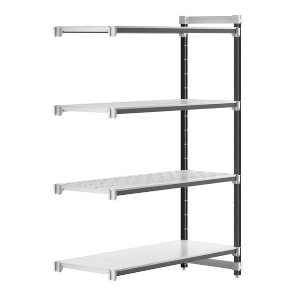 A white Camshelving® Elements XTRA 4-Shelf Combo Add-On Unit shelf with black legs.