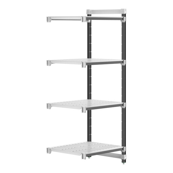 A metal shelving unit with four vented shelves.