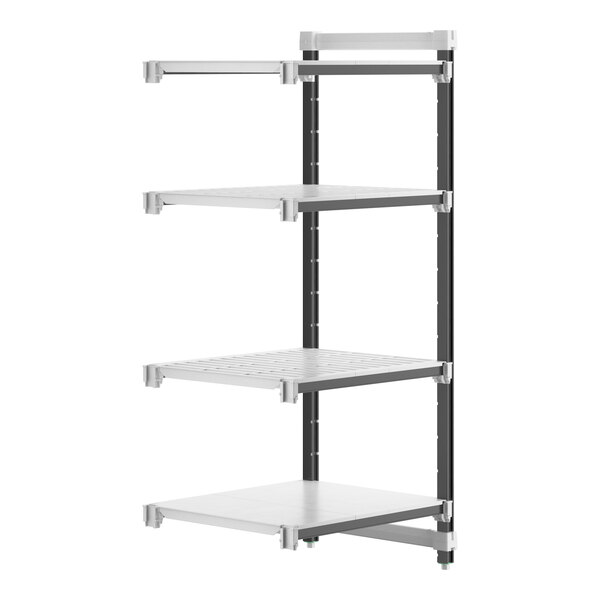A white and black Cambro Camshelving® Elements XTRA 4-shelf add-on unit.