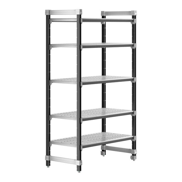 A Cambro metal shelving unit with four vented shelves.