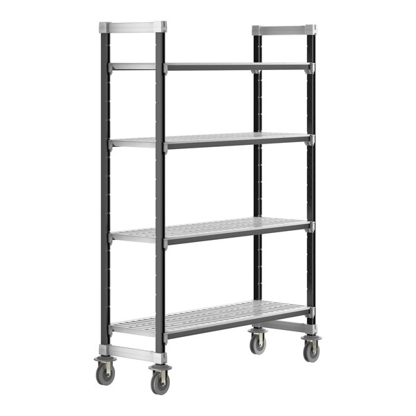 A white metal Cambro 4-shelf mobile unit for track shelving.