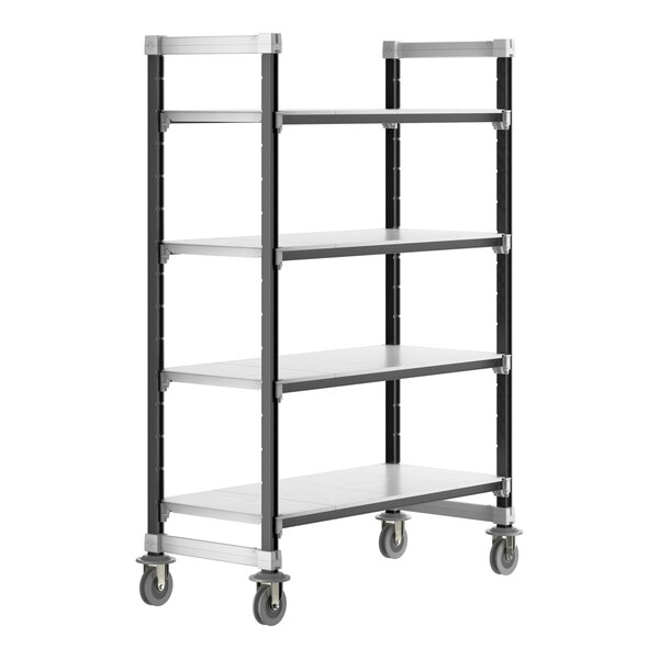 A black Cambro Camshelving unit with four shelves on wheels.