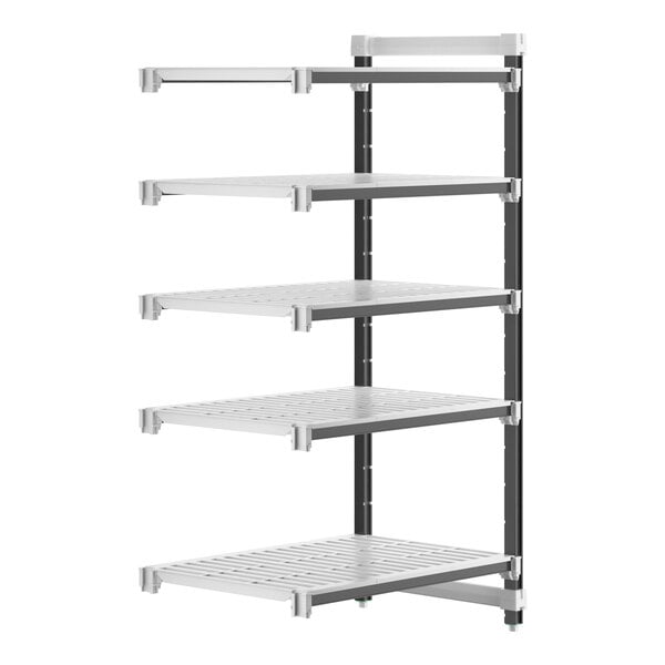 A white Cambro Camshelving® Elements XTRA add-on unit shelf with black legs.
