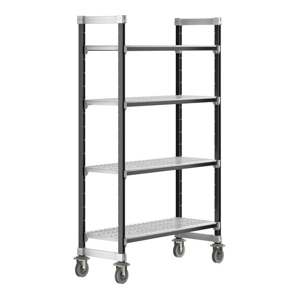 A black metal shelving unit with wheels.