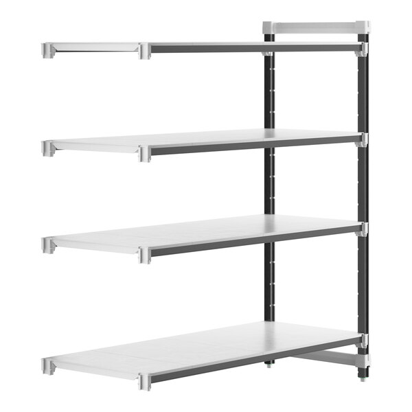 A white metal Cambro Camshelving Elements add-on unit with 4 shelves.
