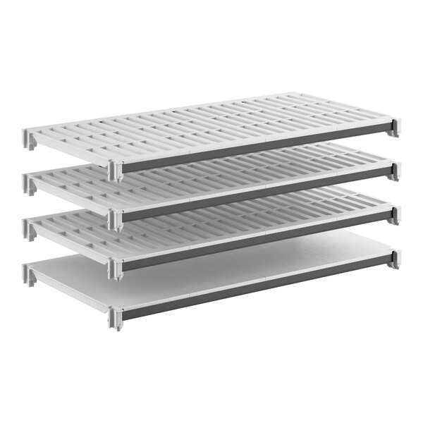 A set of four white shelving units with a combination of vented and solid shelves.