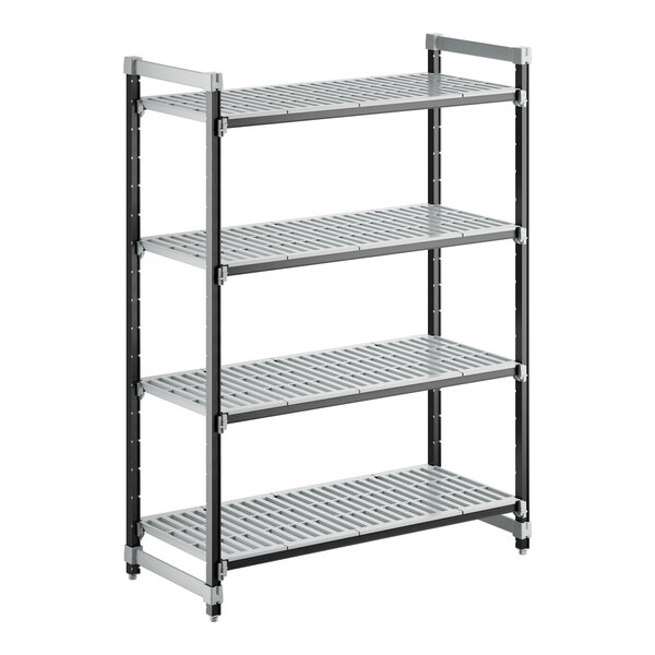 A grey metal Cambro Camshelving Elements starter unit with four shelves.