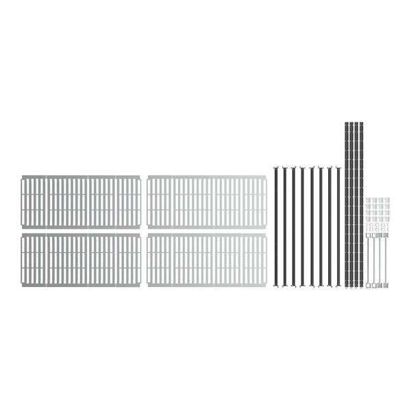 A grey metal Camshelving® Elements starter unit with white vented shelves and metal bars.