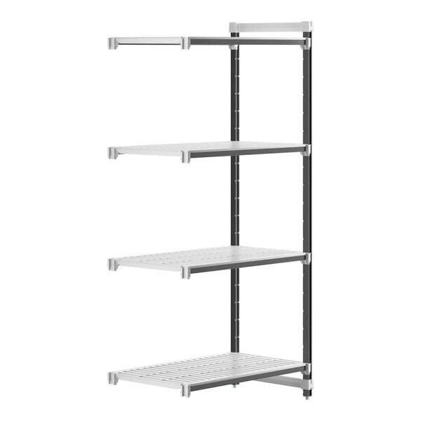 A white Camshelving® Elements XTRA add-on unit with black vented shelves.