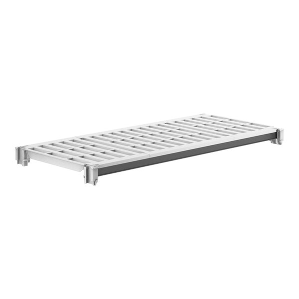 A white rectangular metal shelf with vented metal bars.