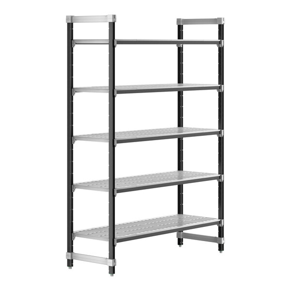 A Cambro Camshelving® Elements XTRA 5-shelf metal shelving unit.