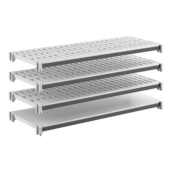 A four-shelf kit with three vented shelves and one solid shelf, designed for modular storage.