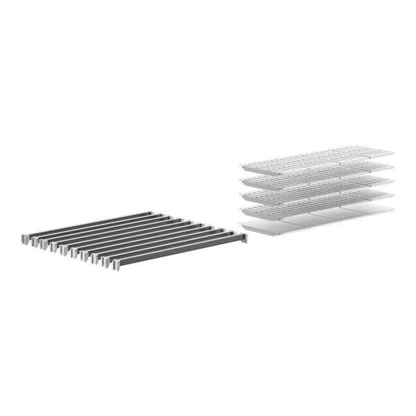 A white metal Cambro Camshelving rack with metal shelves and white metal slats.
