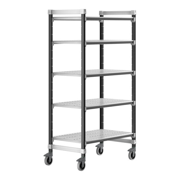 A Cambro Camshelving® Elements XTRA mobile unit with 5 shelves and wheels.