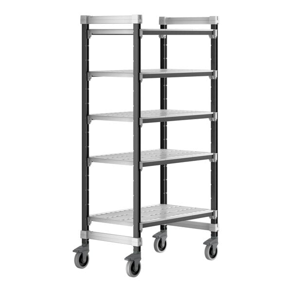A Cambro Elements XTRA metal shelving unit with wheels.