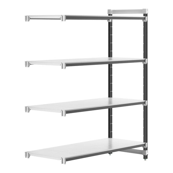 A white metal Cambro Camshelving Elements add-on unit with black shelves.