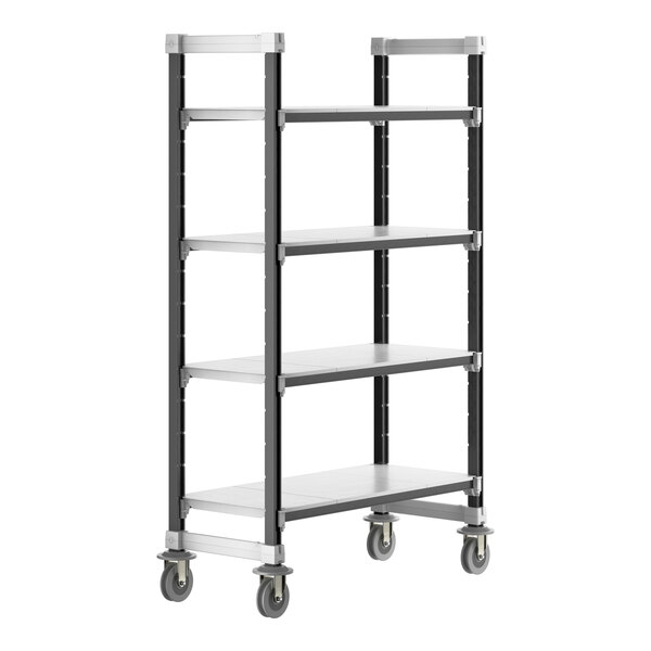 A black and silver Cambro mobile shelving unit with wheels.