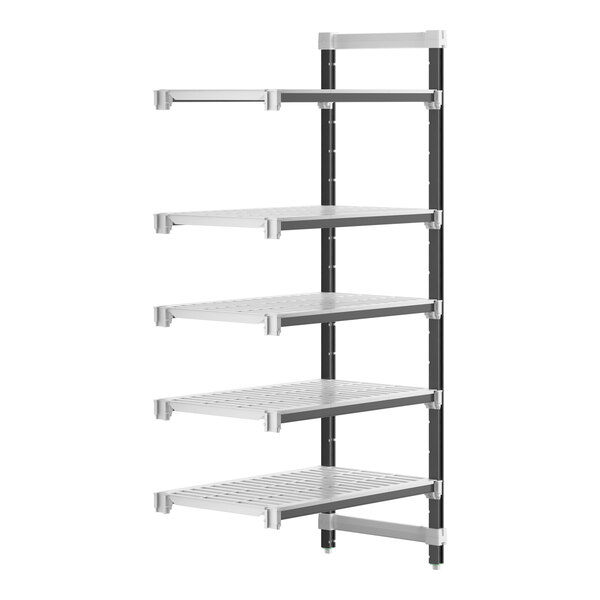 A white Cambro Camshelving Elements add-on unit with 5 vented shelves.