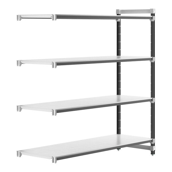 A white metal Cambro Camshelving Elements add-on unit with four shelves.