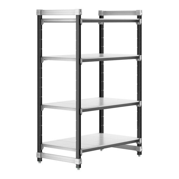 A black and grey Cambro Camshelving Elements XTRA 4-shelf unit.