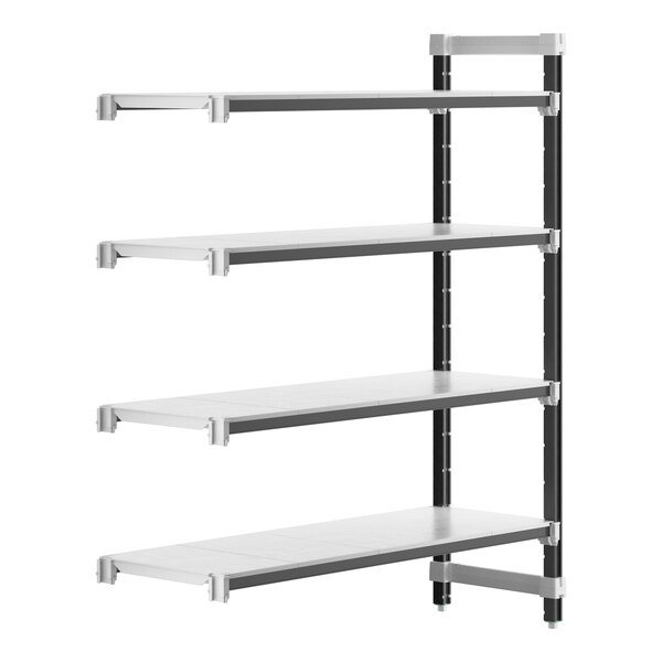 A white Cambro Camshelving® Elements add-on unit with black shelves.