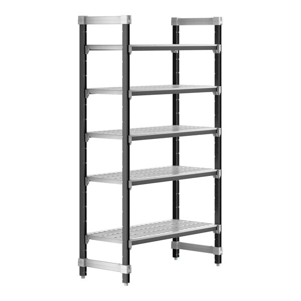 A black Cambro Camshelving Elements XTRA starter unit with 5 vented shelves.
