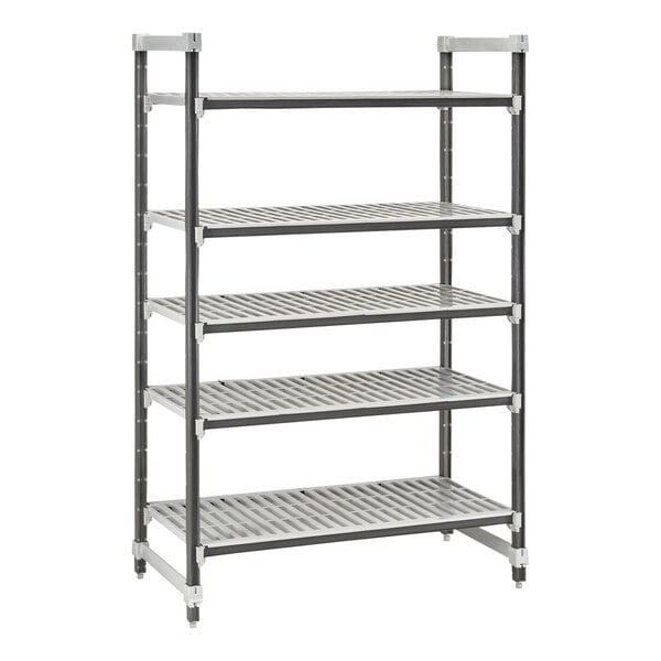 A metal Cambro Camshelving unit with four shelves.