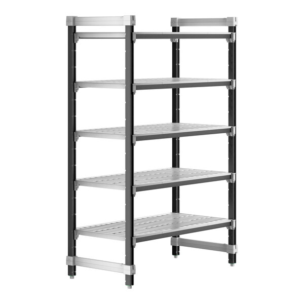 A metal Cambro Camshelving Elements starter unit with 5 vented shelves.