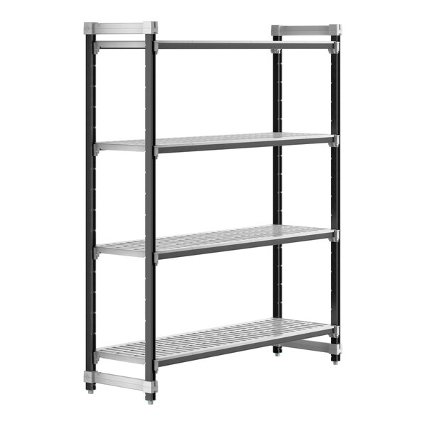 A black metal Camshelving unit with four vented shelves.