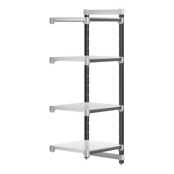 A white and black Cambro Camshelving Elements XTRA 4-Shelf Combo Add-On Unit.