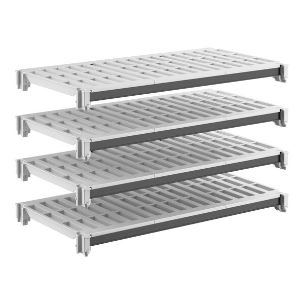 A set of four vented plastic shelving units designed for modular storage.