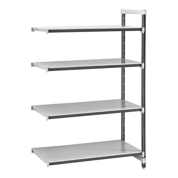 A grey metal Camshelving Elements add-on unit with four shelves.