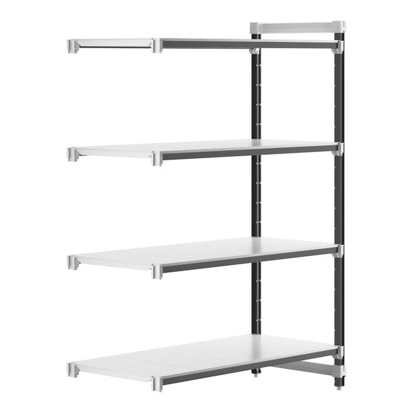 A white Cambro Camshelving® Elements XTRA add-on shelving unit with black shelves.