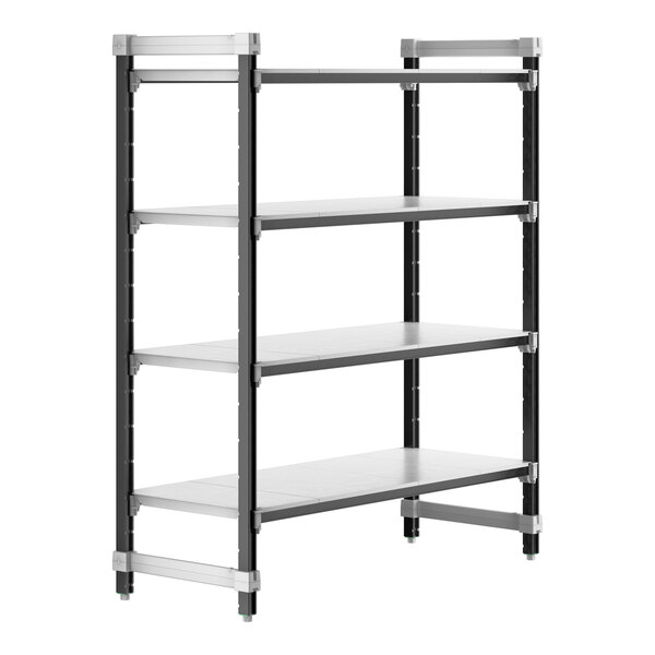 A black metal Cambro Camshelving® Elements XTRA starter unit with four shelves.