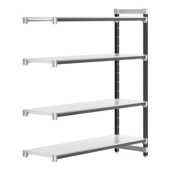 A white metal Cambro Camshelving Elements add-on unit with four shelves.