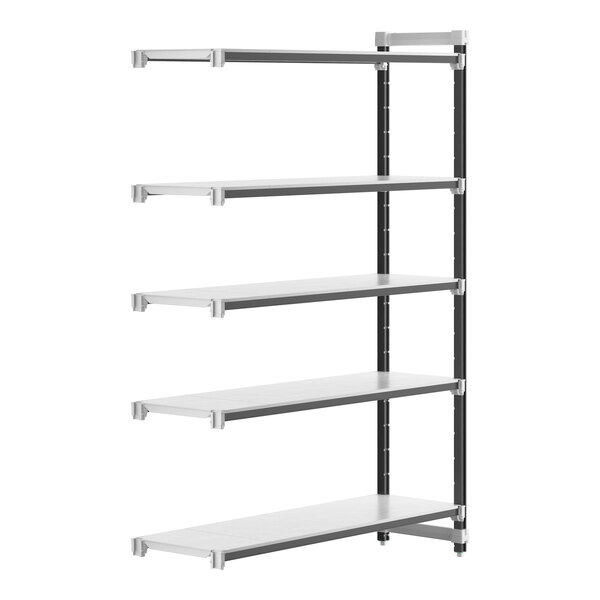A white Cambro Camshelving Elements add-on unit shelf with black trim.