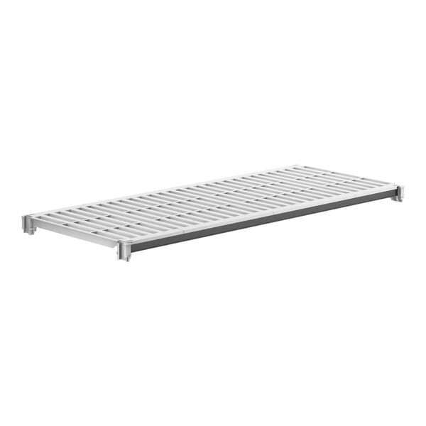 A white metal shelf with metal slats.
