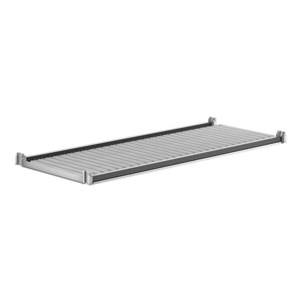 A grey metal Camshelving® shelf with metal rods.