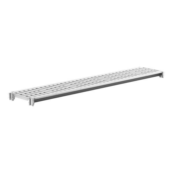 A white metal rectangular shelf with vented metal shelves.