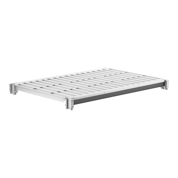 A white plastic shelf with metal vents.