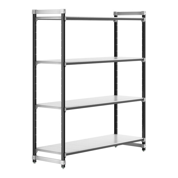 A black metal Cambro Camshelving® Elements starter unit with four shelves.