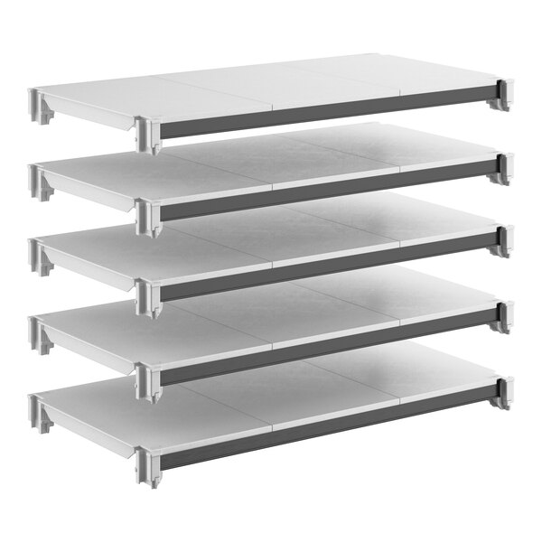 A set of five solid rectangular shelving units designed for storage and organization.